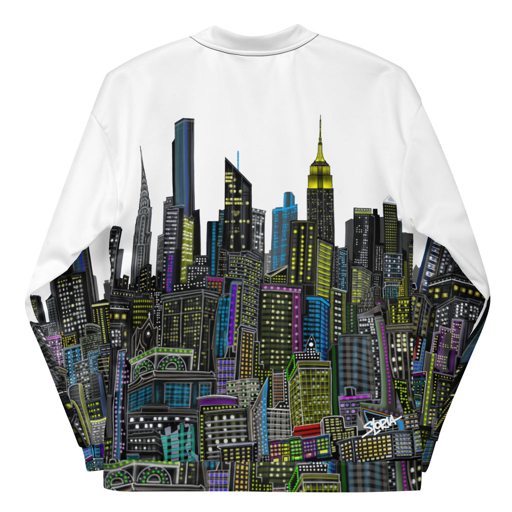 Back of folded sleeves White bomber jacket with a colorful cityscape designed by Loria NYC Art 