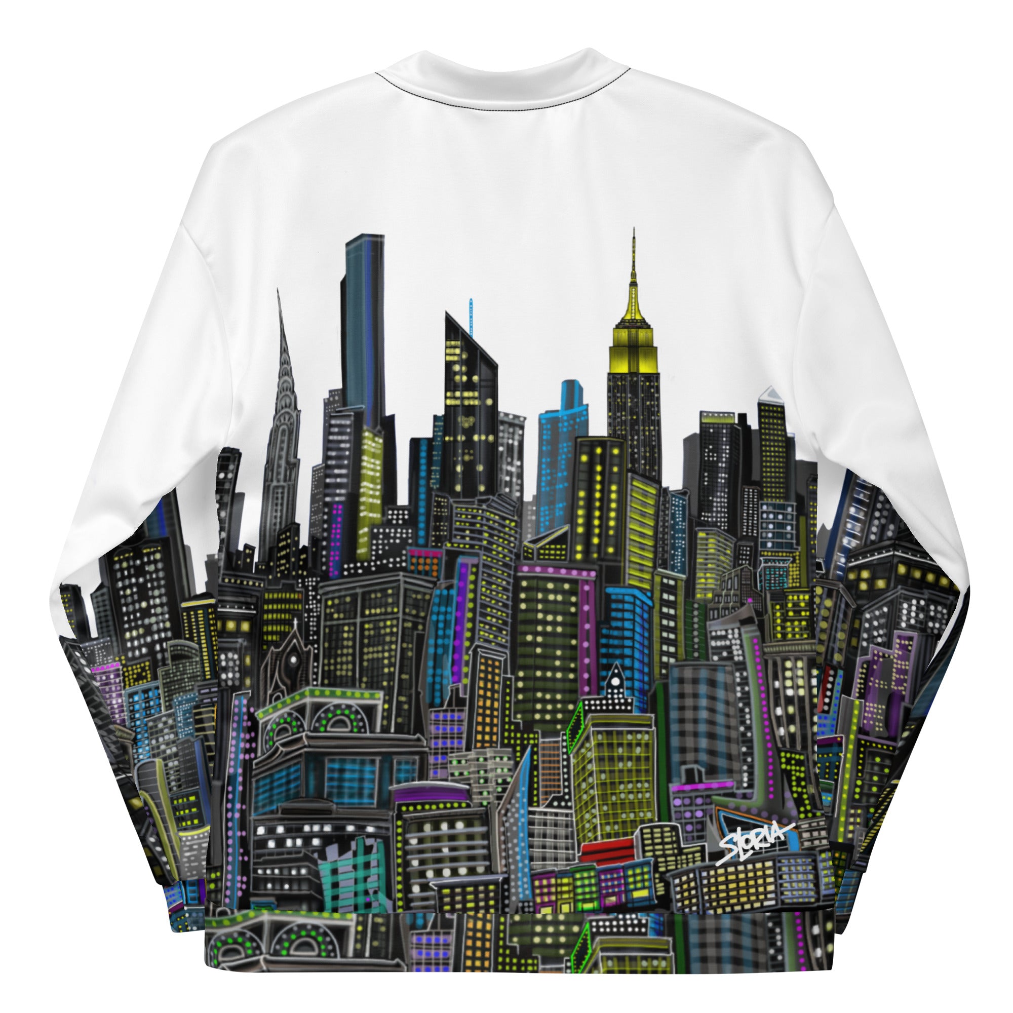 Back of folded sleeves White bomber jacket with a colorful cityscape designed by Loria NYC Art 