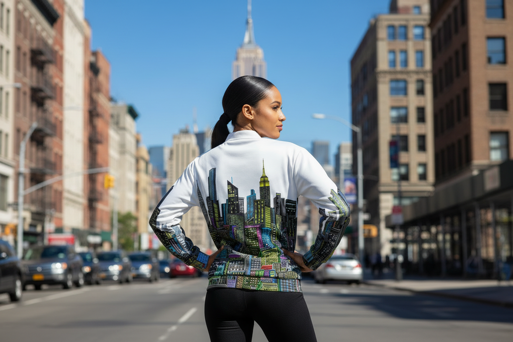 Woman wearing a colorful Loria NYC Art jacket with a cityscape design in an urban setting