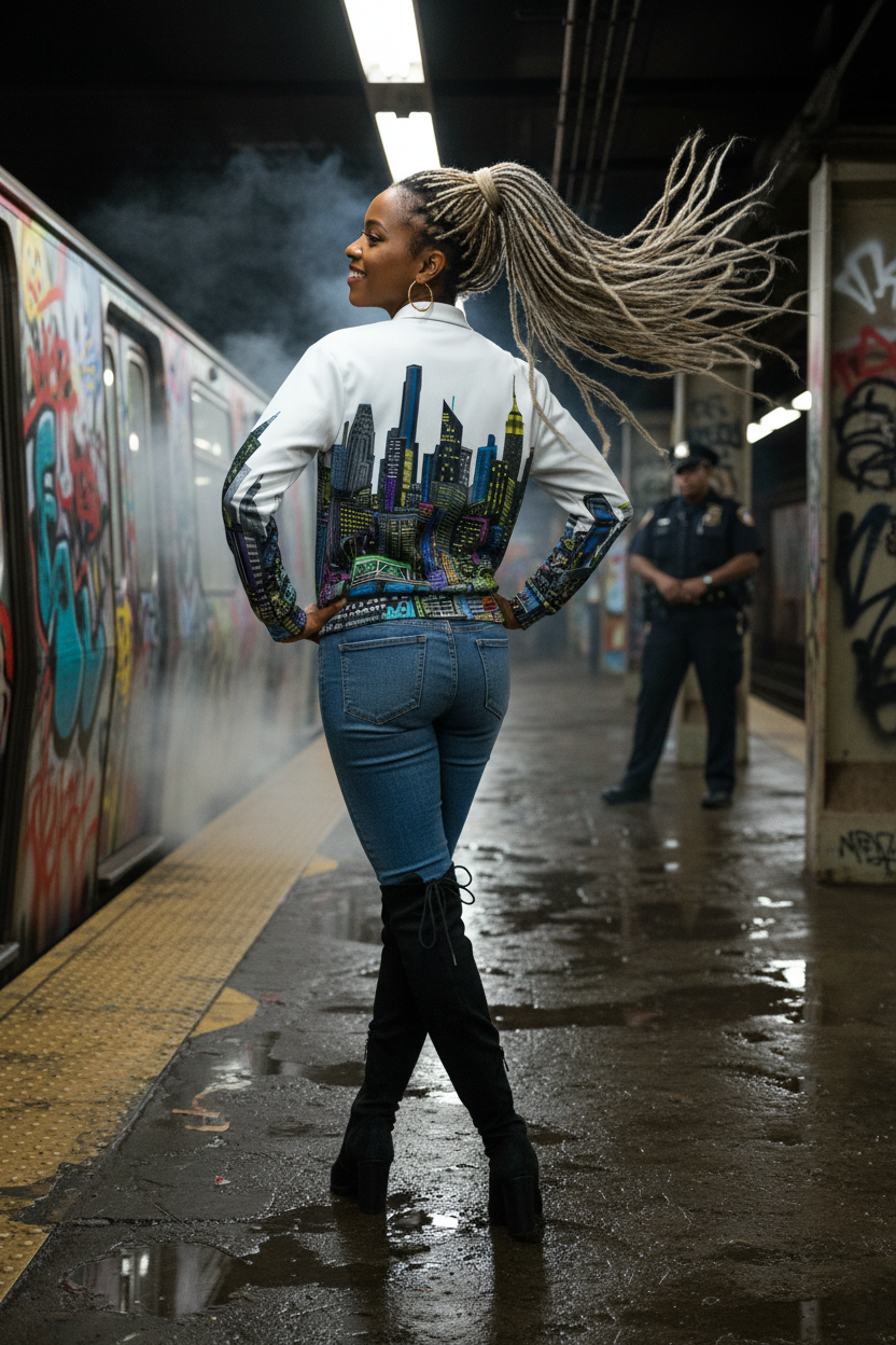 Person standing on a graffiti-covered subway platform wearing a Loria NYC Art colorful jacket.