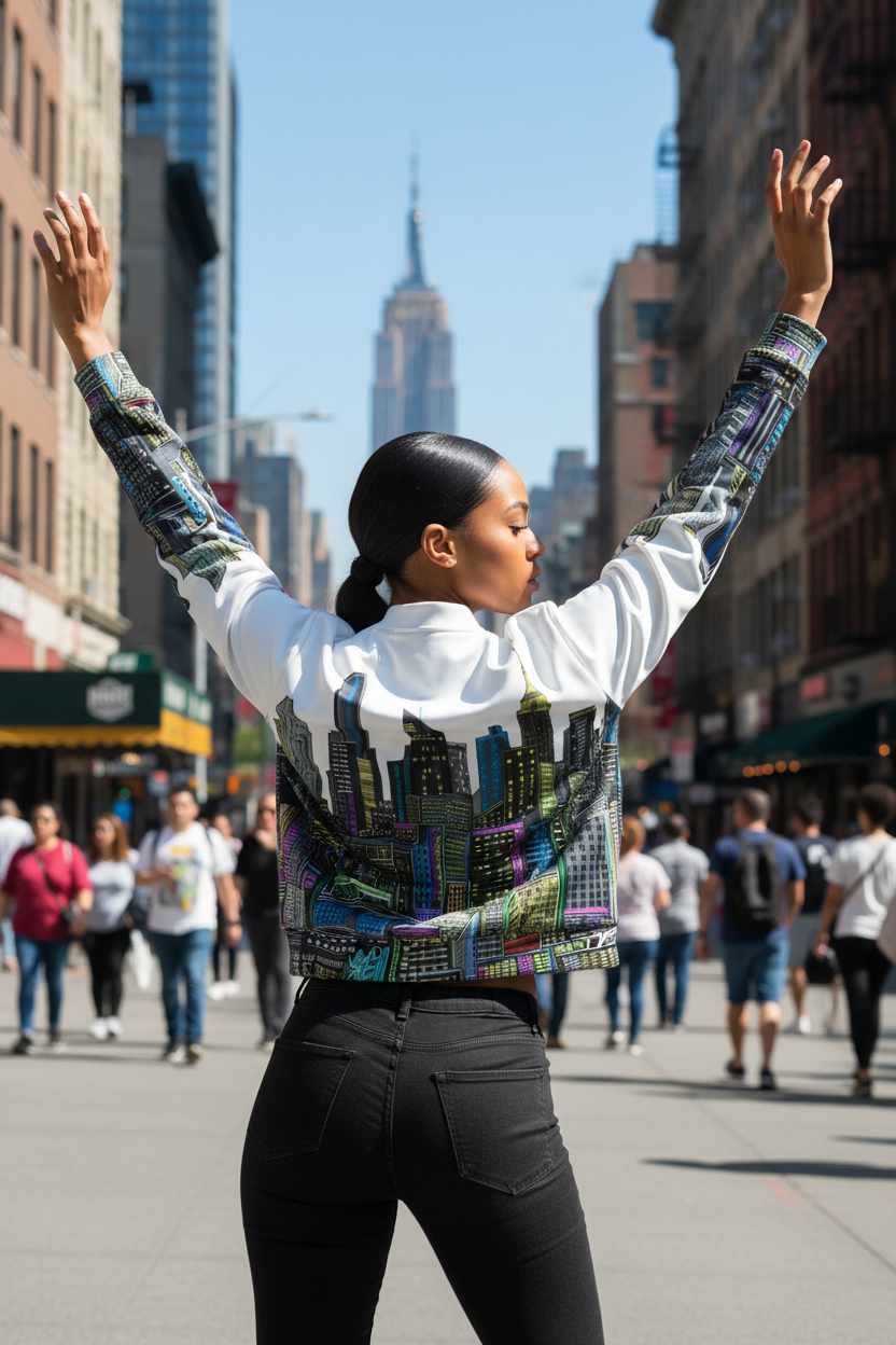 Person wearing a colorful jacket with cityscape Loria NYC Art design in an urban setting