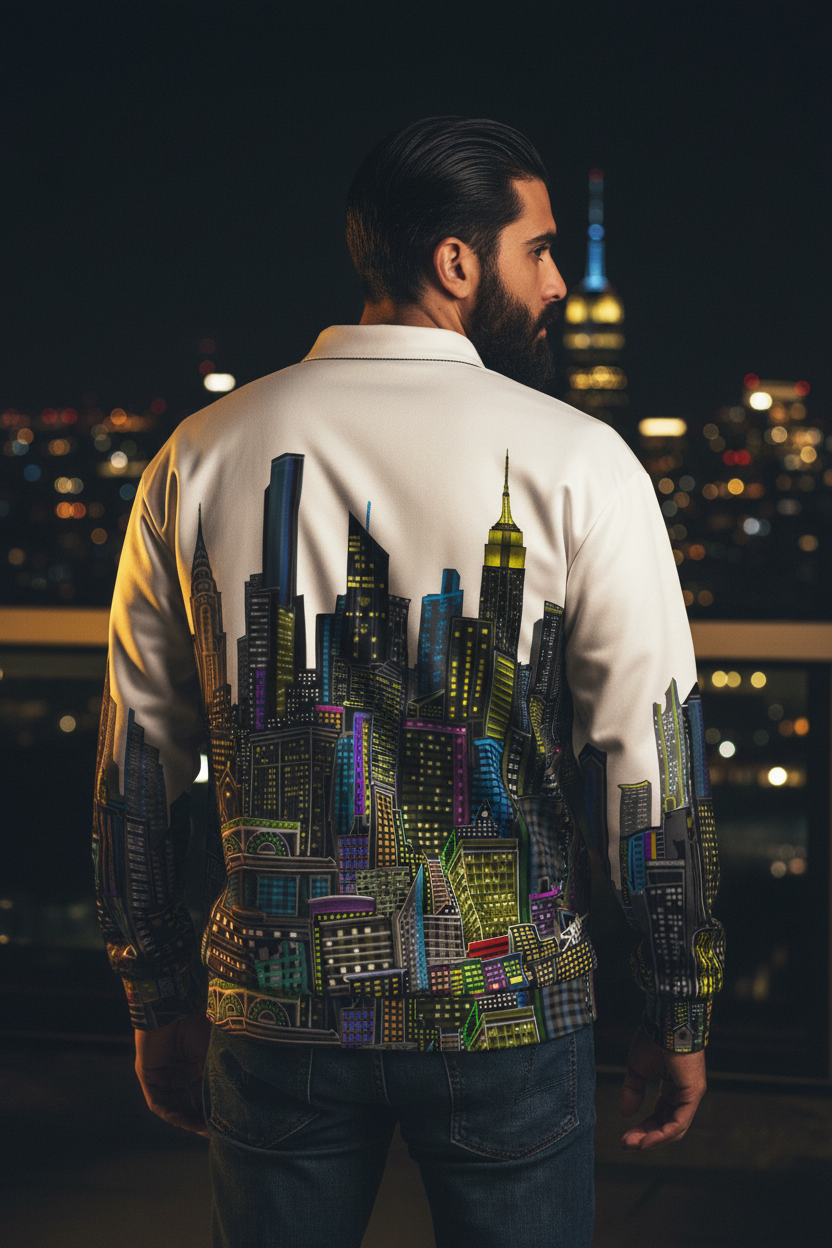 A man viewed from behind wearing a white bomber-style jacket with a large, colorful Loria NYC Art city skyline graphic printed across the back, set against a blurred night cityscape background.