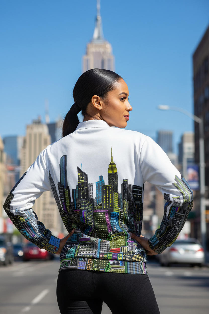Women wearing a white Loria NYC Art bomber jacket in an urban setting.