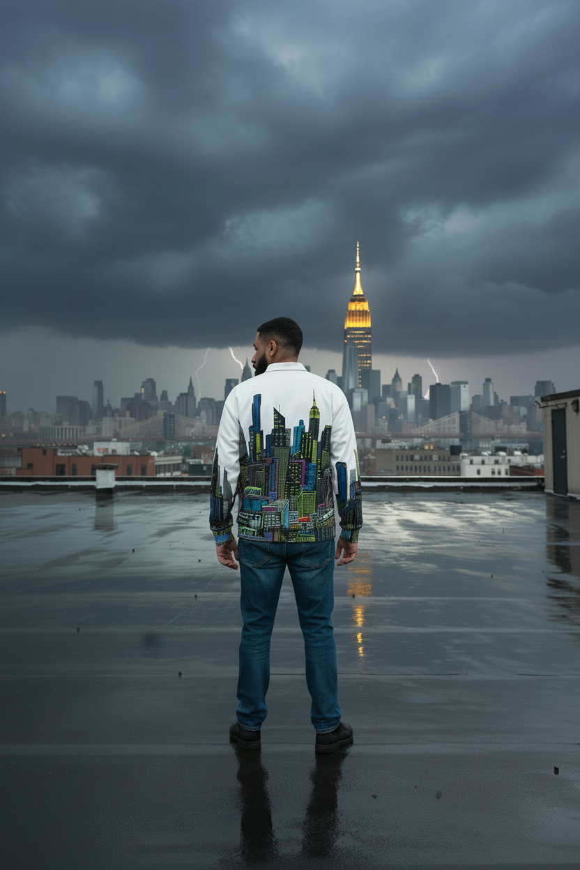 Man wearing colorful Loria NYC Art on a rooftop looking at the Empire State Building under a dark, stormy sky.