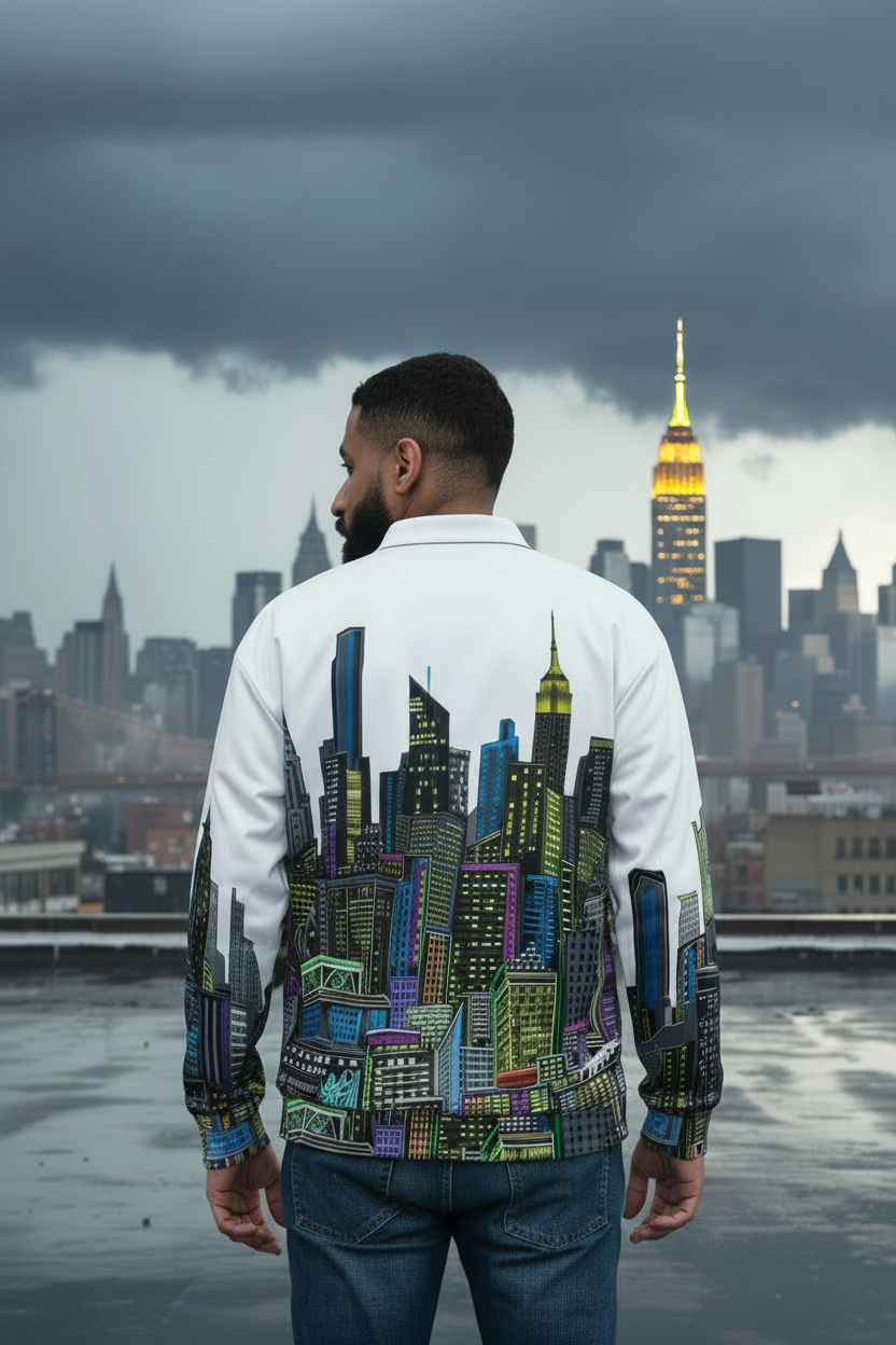 Man wearing a colorful Loria NYC Art cityscape jacket with a city skyline in the background