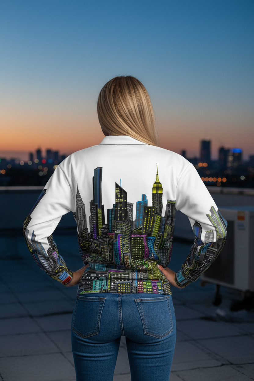 A woman viewed from behind wearing a white bomber jacket with a detailed Loria NYC Art skyline graphic printed across the back, standing on a rooftop at dusk.