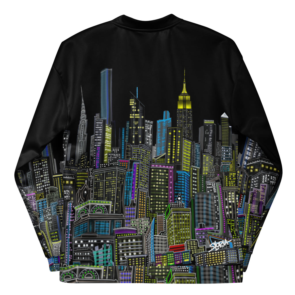 Folded sleeve back of Black bomber jacket with colorful cityscape design designed by Loria NYC Art on a white background