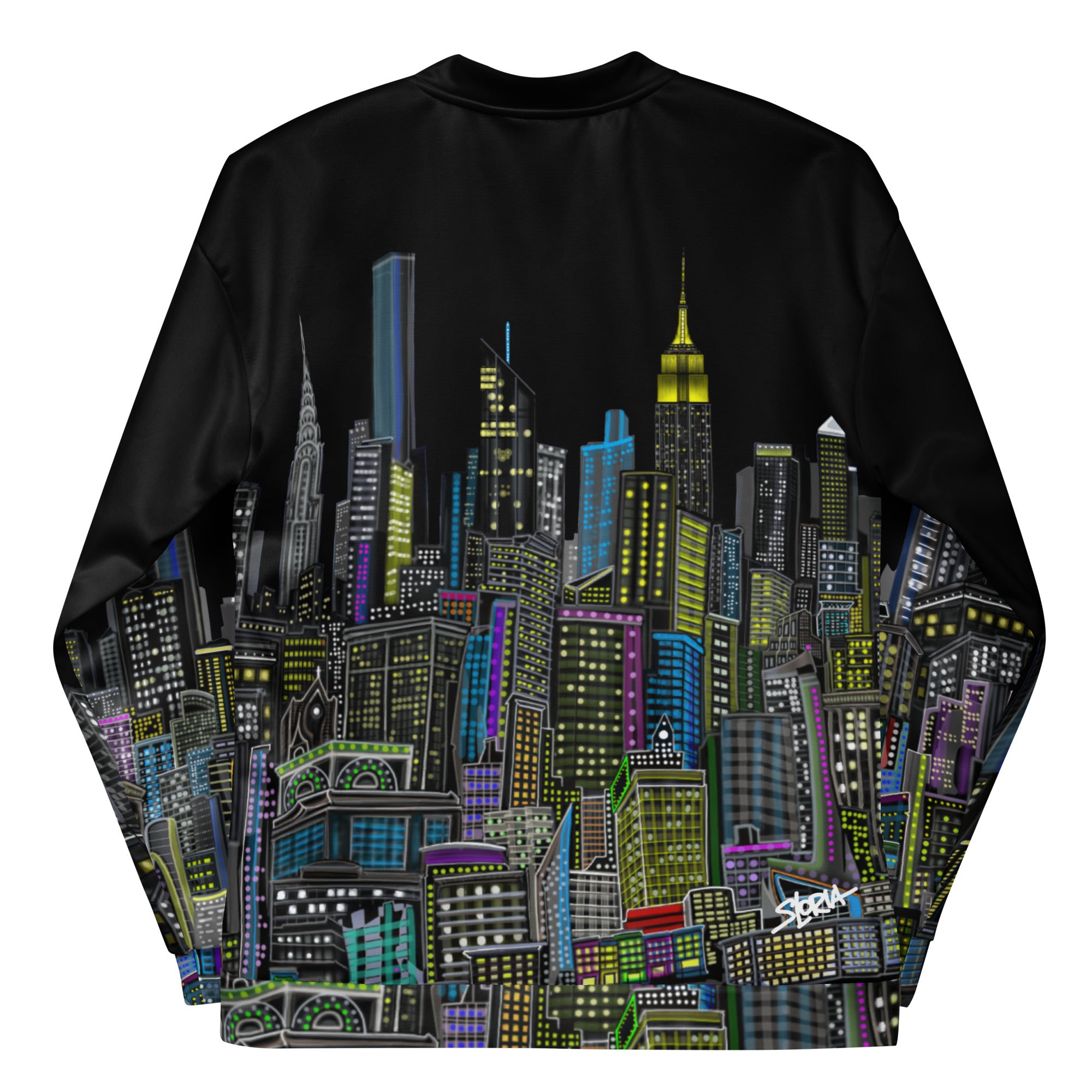 Folded sleeve back of Black bomber jacket with colorful cityscape design designed by Loria NYC Art on a white background