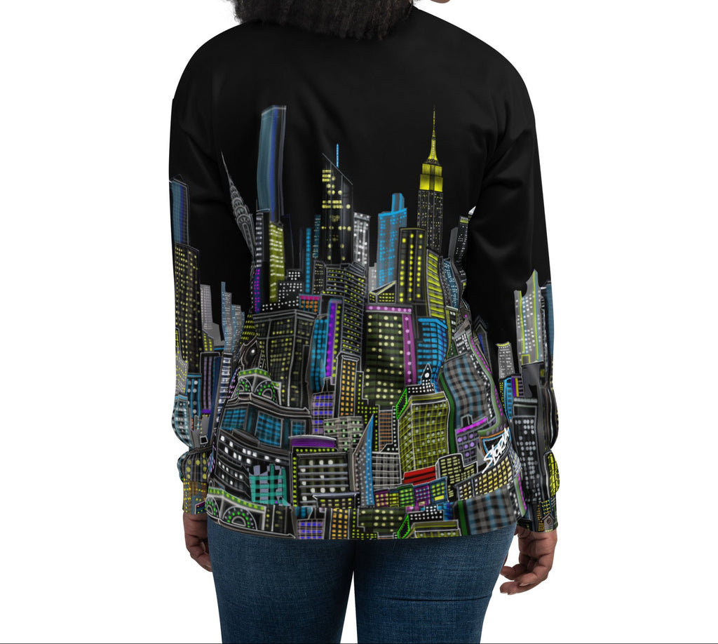 Back of Female wearing  front of Black bomber jacket with colorful cityscape design designed by Loria NYC Art 