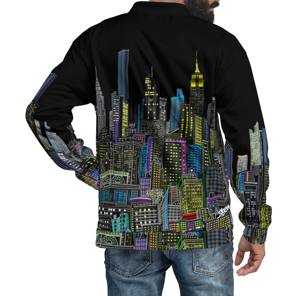 Back of Folded sleeve front of man wearing Black bomber jacket with colorful cityscape design designed by Loria NYC Art 