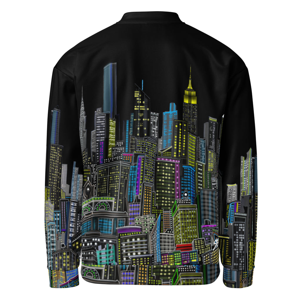 Back of Black bomber jacket with colorful cityscape design designed by Loria NYC Art on a white background