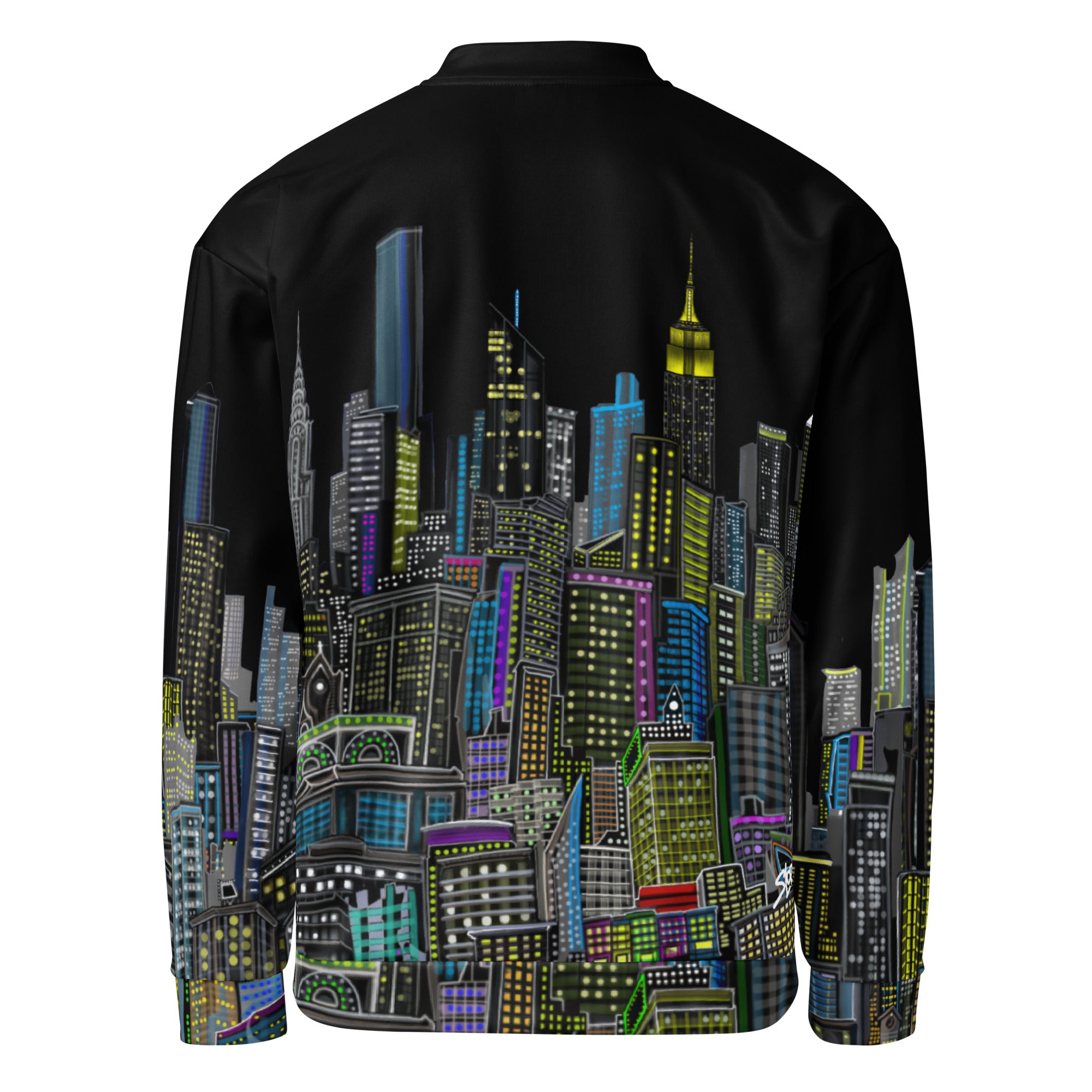 Back of Black bomber jacket with colorful cityscape design designed by Loria NYC Art on a white background