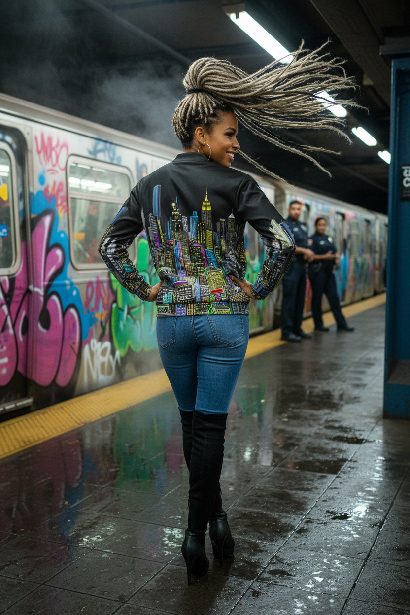 Person wearing a colorful Loria NYC Art jacket with a cityscape design in a subway station.