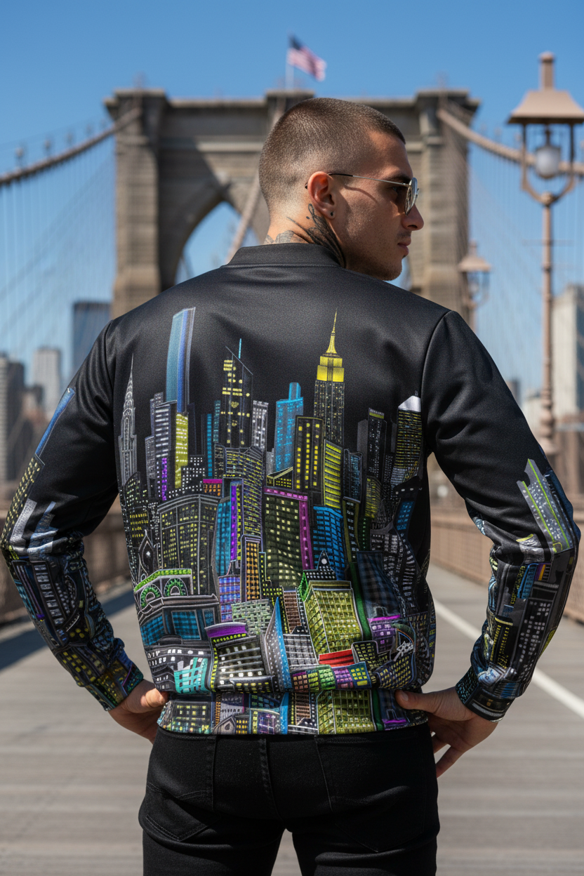 Man on Brooklyn bridge posing in a Black colorful Loria NYC Art jacket on a sunny day.