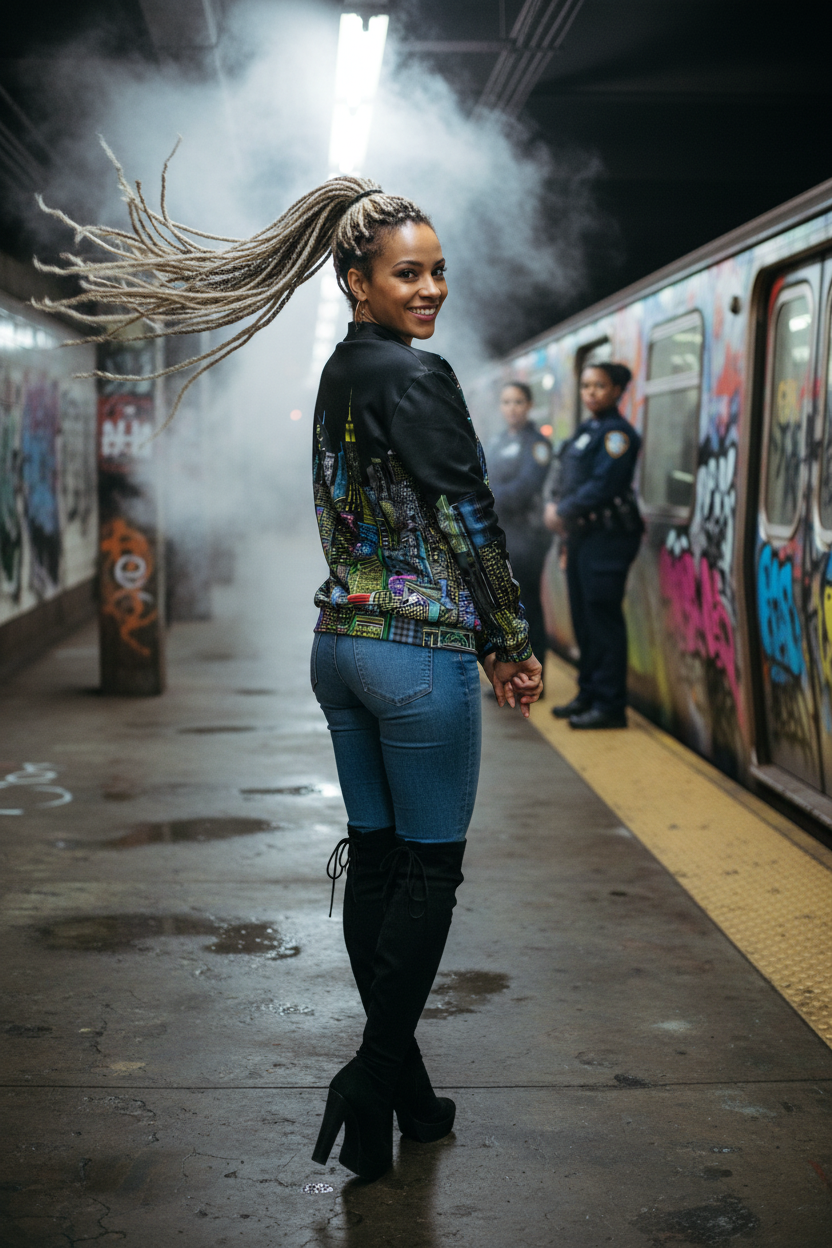 Woman wearing a black Loria NYC Art jacket with braided hair standing on a subway platform with graffiti-covered walls.