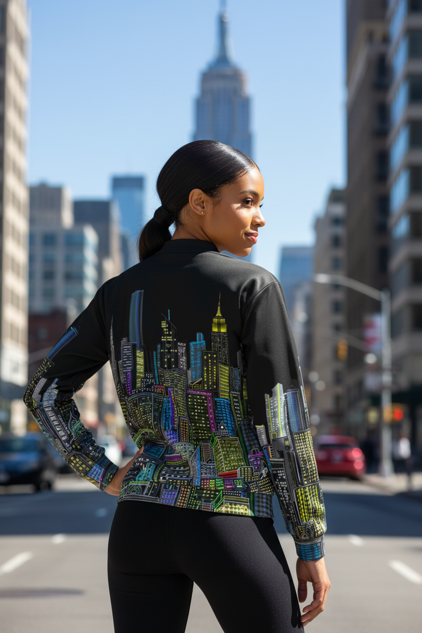 Women wearing a Black colorful Loria NYC Art jacket on a street in an urban setting.