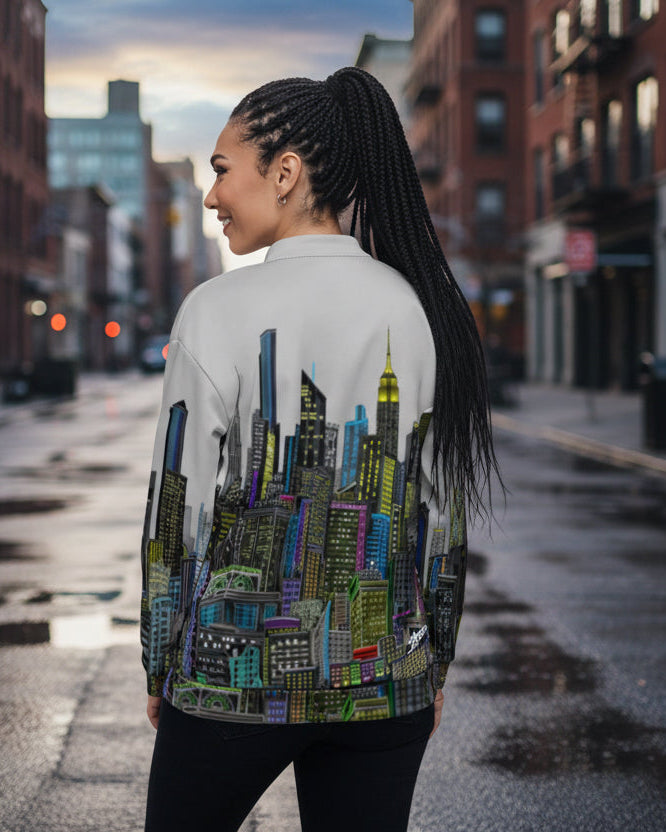 Rear view of lady wearing a jacket with a cityscape designed by Loria NYC Art  on a urban background