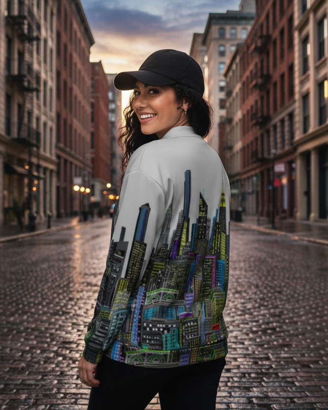 Woman wearing a colorful Loria NYC Art cityscape sweatshirt on a city street at dusk.