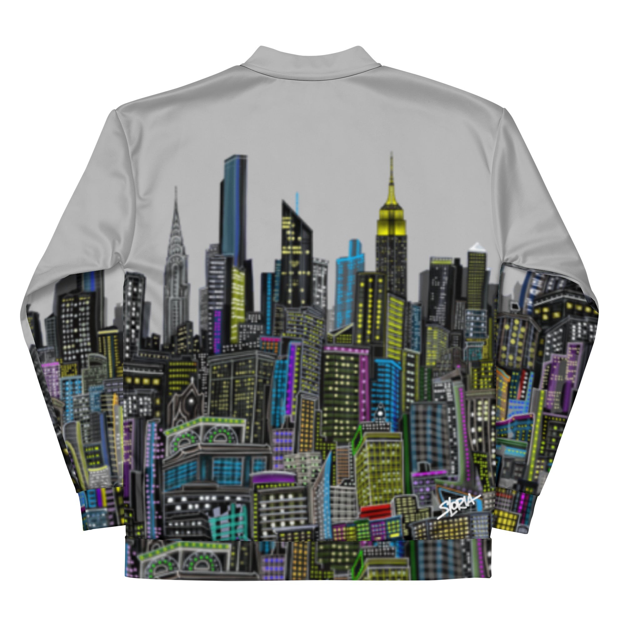 Back view folded sleeve view of Jacket with a cityscape design by Loria NYC Art on the back against a white background