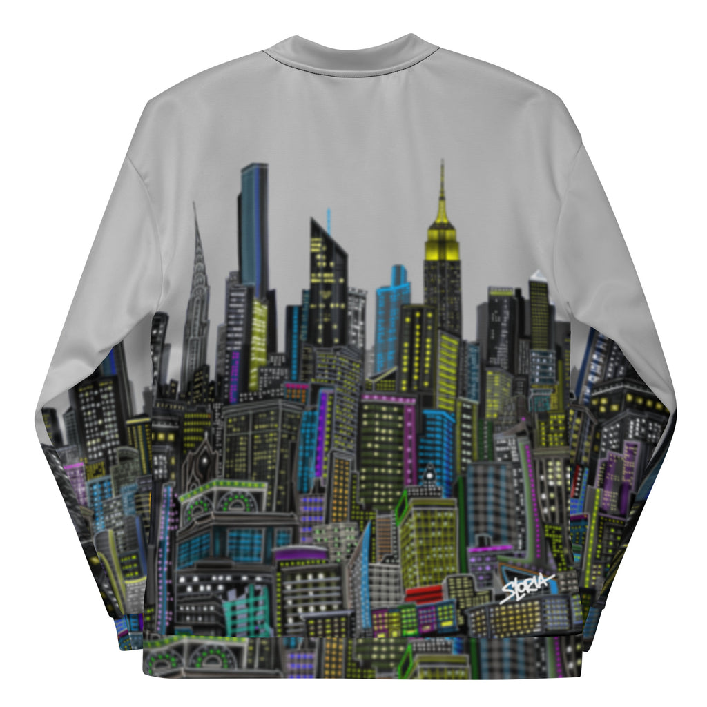 Back Folded sleeve view of grey Jacket with a cityscape design by Loria NYC Art on the back against a white background