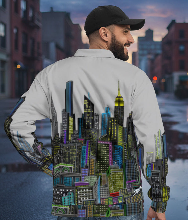 Rear view of Man wearing a jacket with a cityscape designed by Loria NYC Art  on a white background