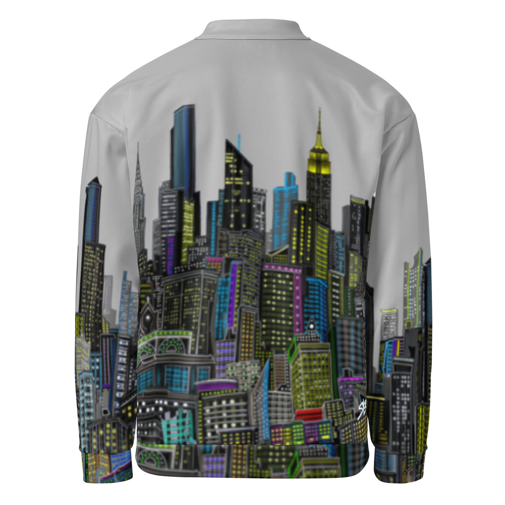 Back view of Jacket with a cityscape design by Loria NYC Art on the back against a white background