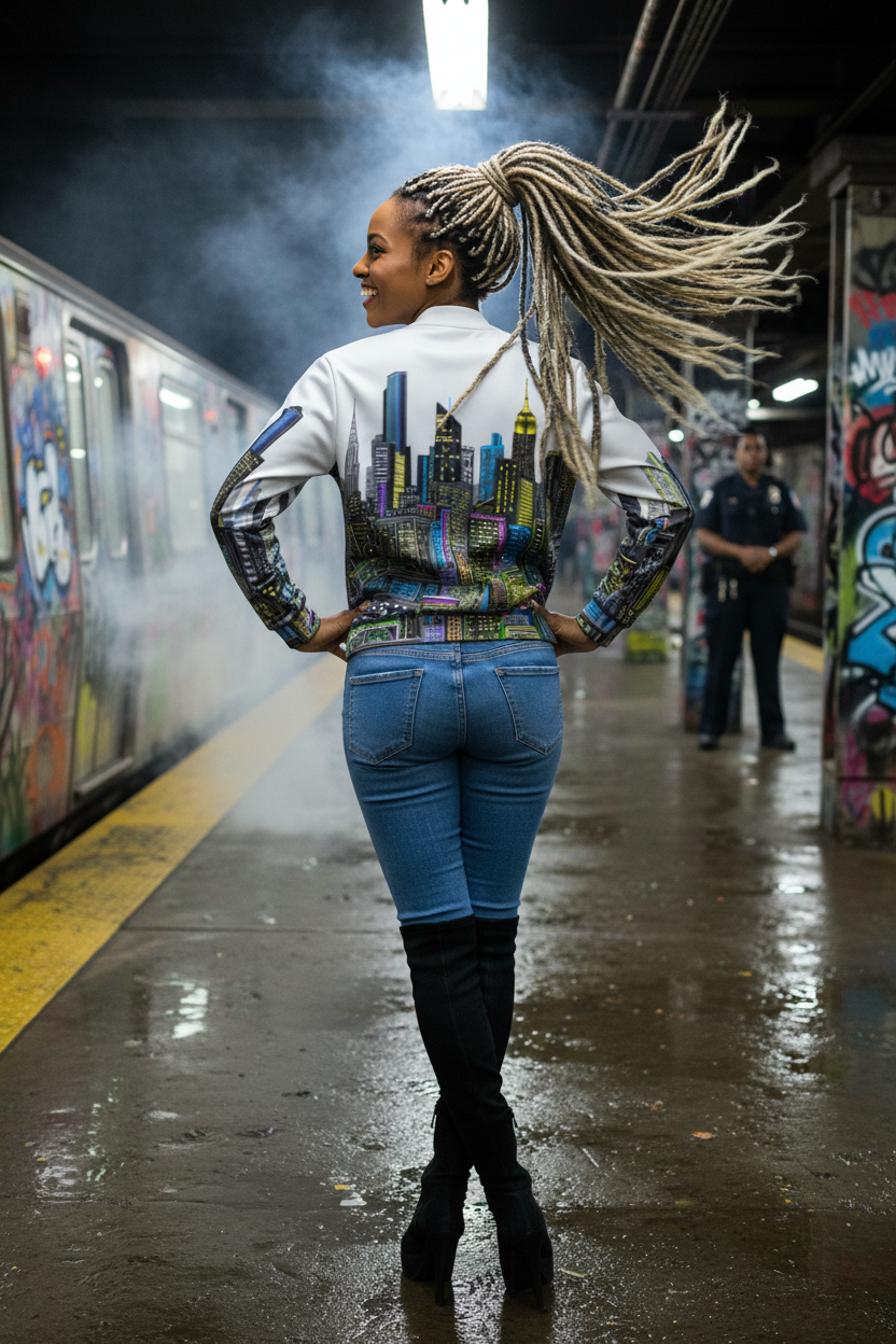 Person wearing a Loria NYC Art jacket standing on a subway platform with graffiti art in the background
