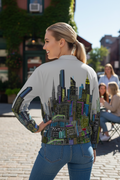 Women posing in a Loria NYC Art jacket in an urban setting.