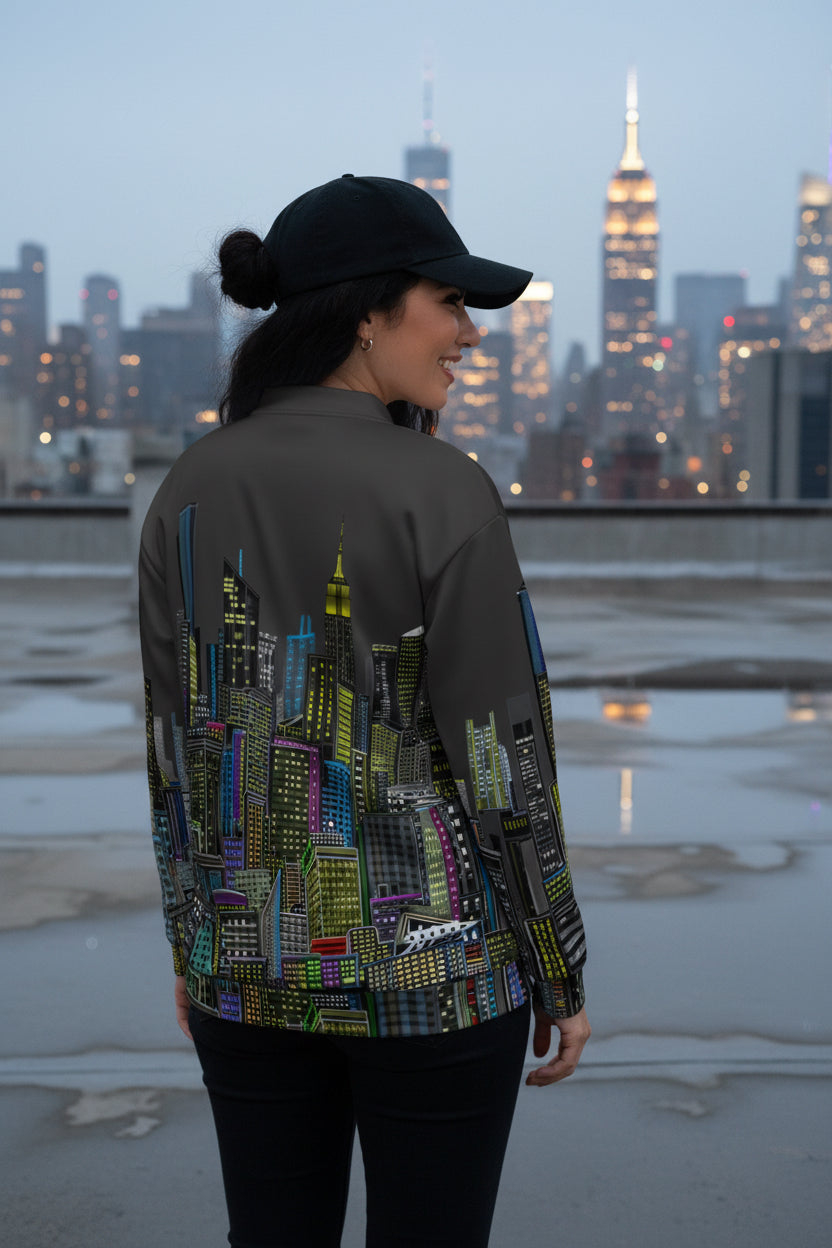 Posing in a rear view Woman wearing a colorful cityscape jacket by Loria NYC Art on a urban background