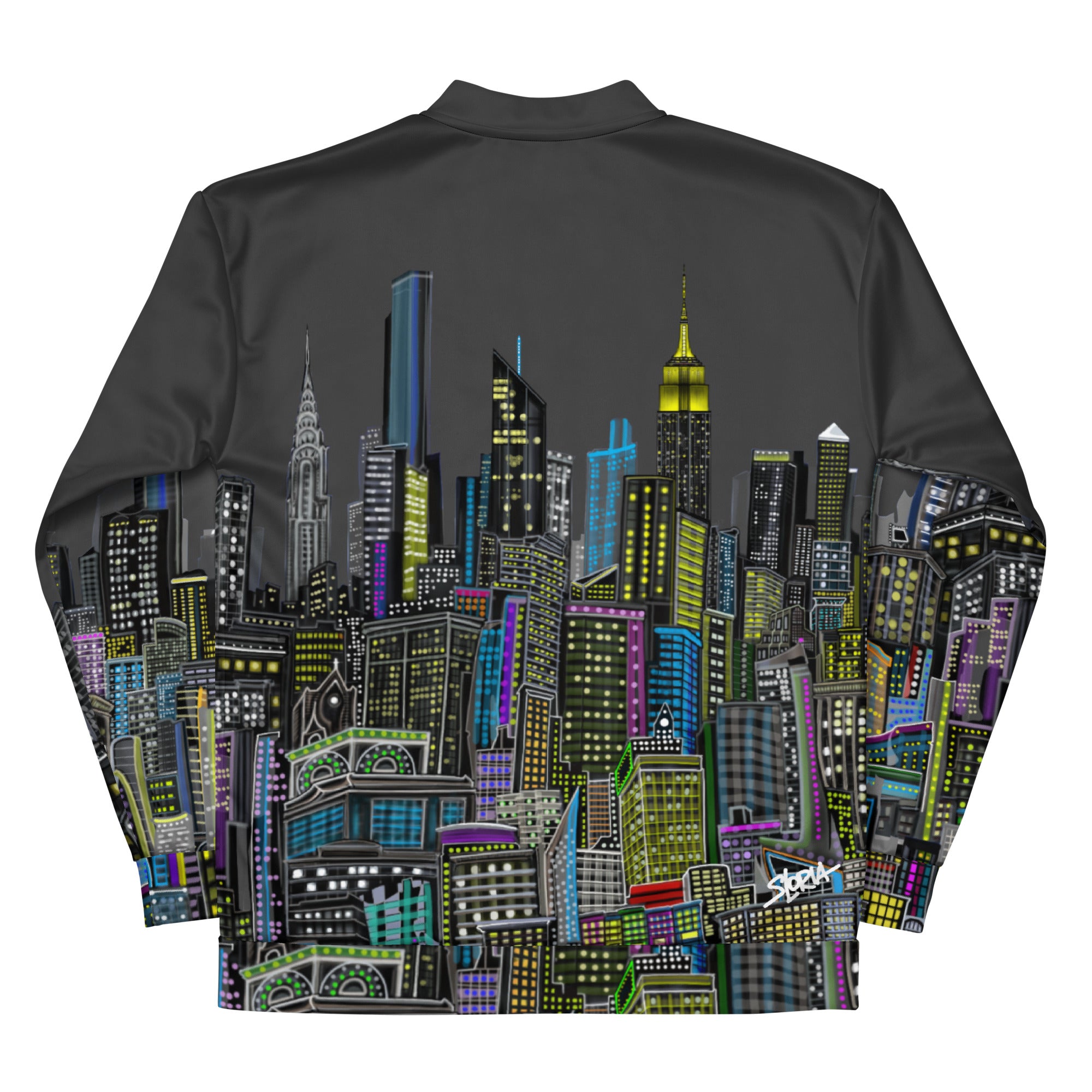 Rearview of grey charcoal jacket colorful cityscape design by Loria NYC Art on a white background
