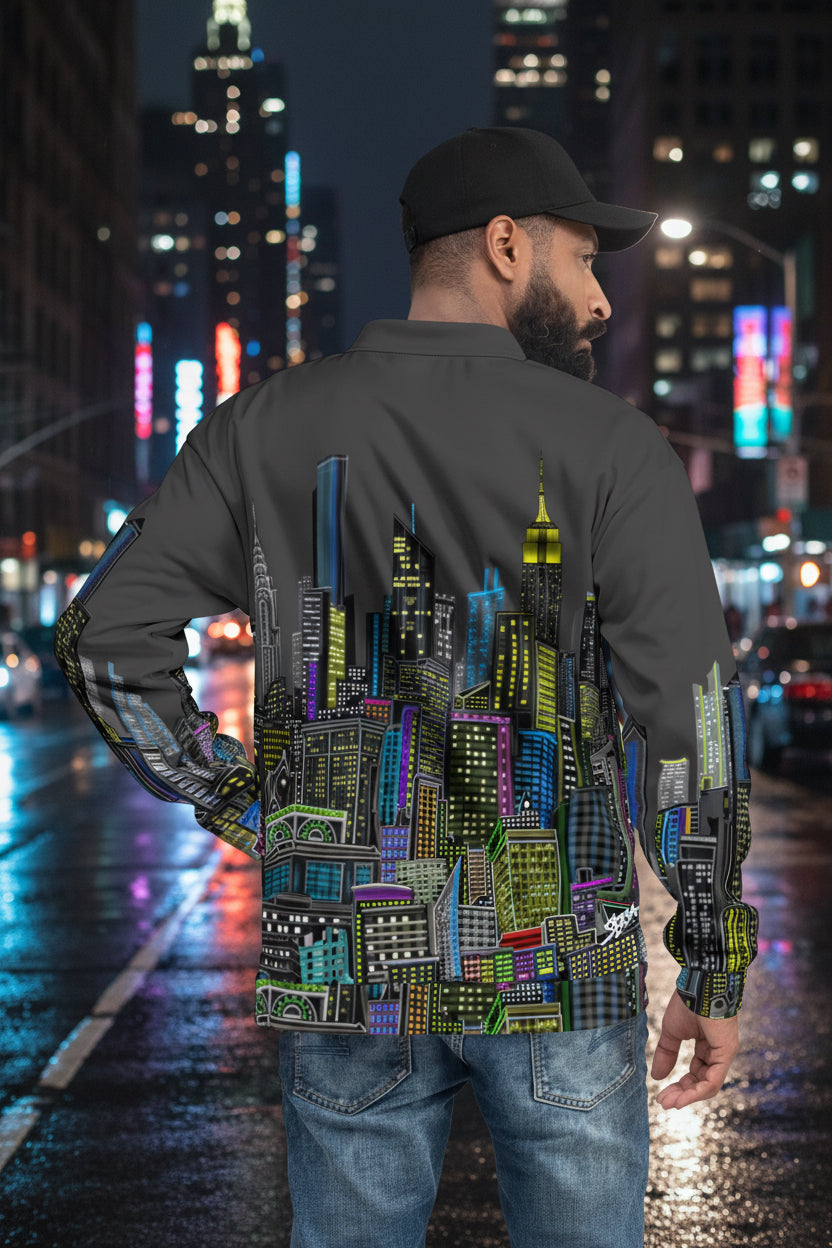 Guy posing in a jacket with Charcoal colorful cityscape design by Loria NYC Art on a urban background