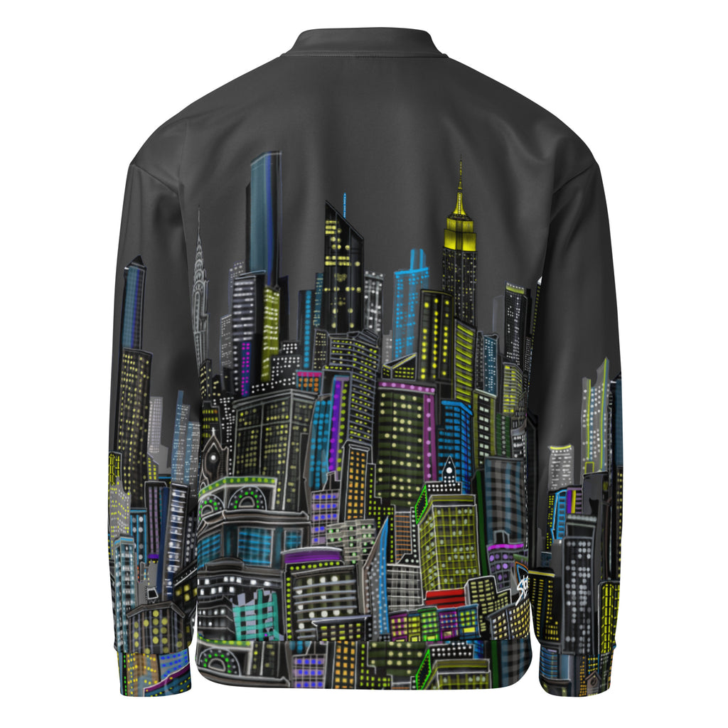 Back side of bomber jacket with Charcoal colorful cityscape design by Loria NYC Art on a white background