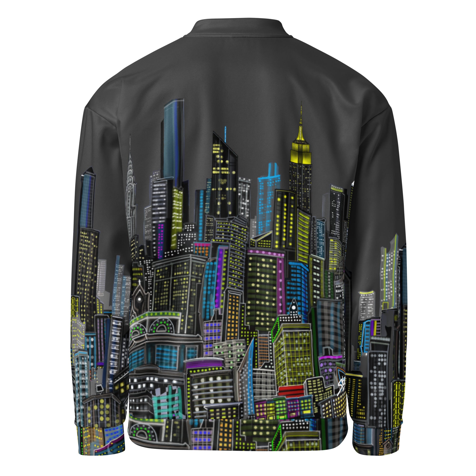 Back side of bomber jacket with Charcoal colorful cityscape design by Loria NYC Art on a white background