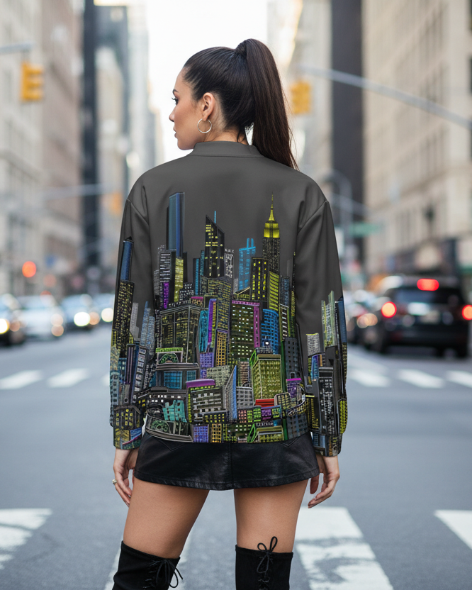 Woman wearing a colorful cityscape Loria NYC Art jacket on a city street