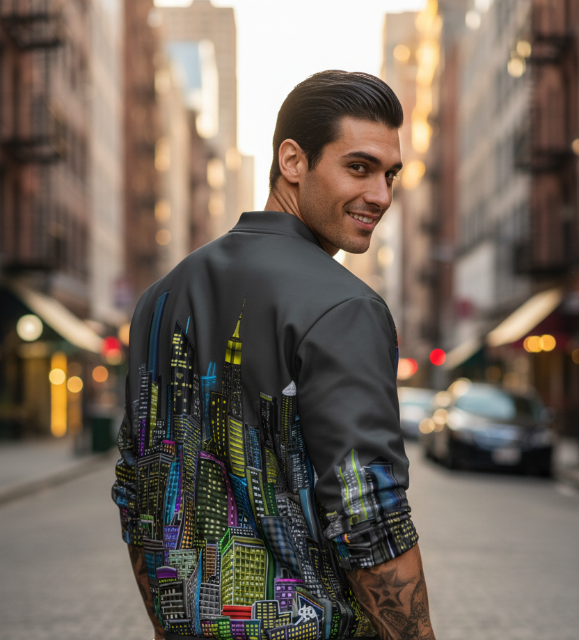 Man wearing a jacket with Loria NYC Art cityscape design on a city street