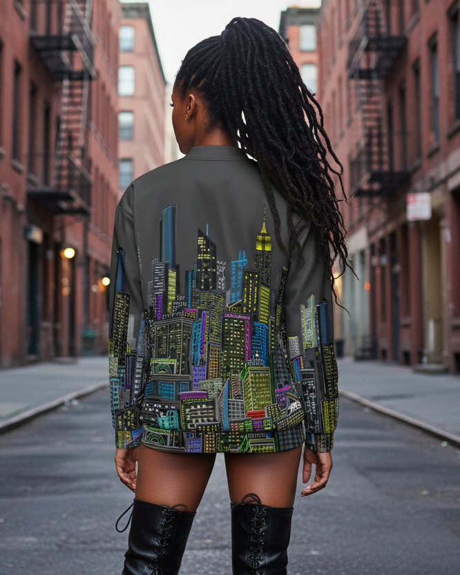 Woman walking down a city street wearing a colorful Loria NYC Art jacket.