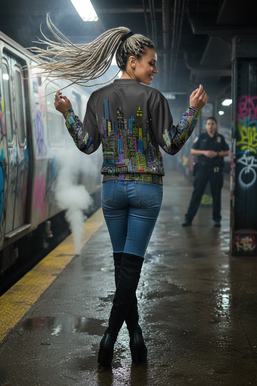 Woman in a colorful Loria NYC Art jacket standing on a subway platform with graffiti on the walls.