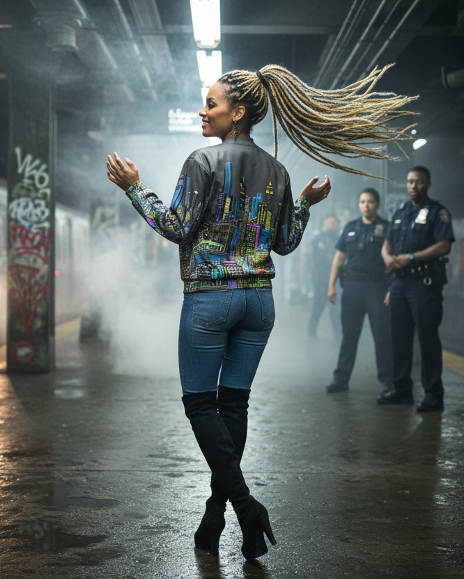 Woman wearing a colorful Loria NYC Art jacket in a subway station with graffiti-covered walls and people in the background.