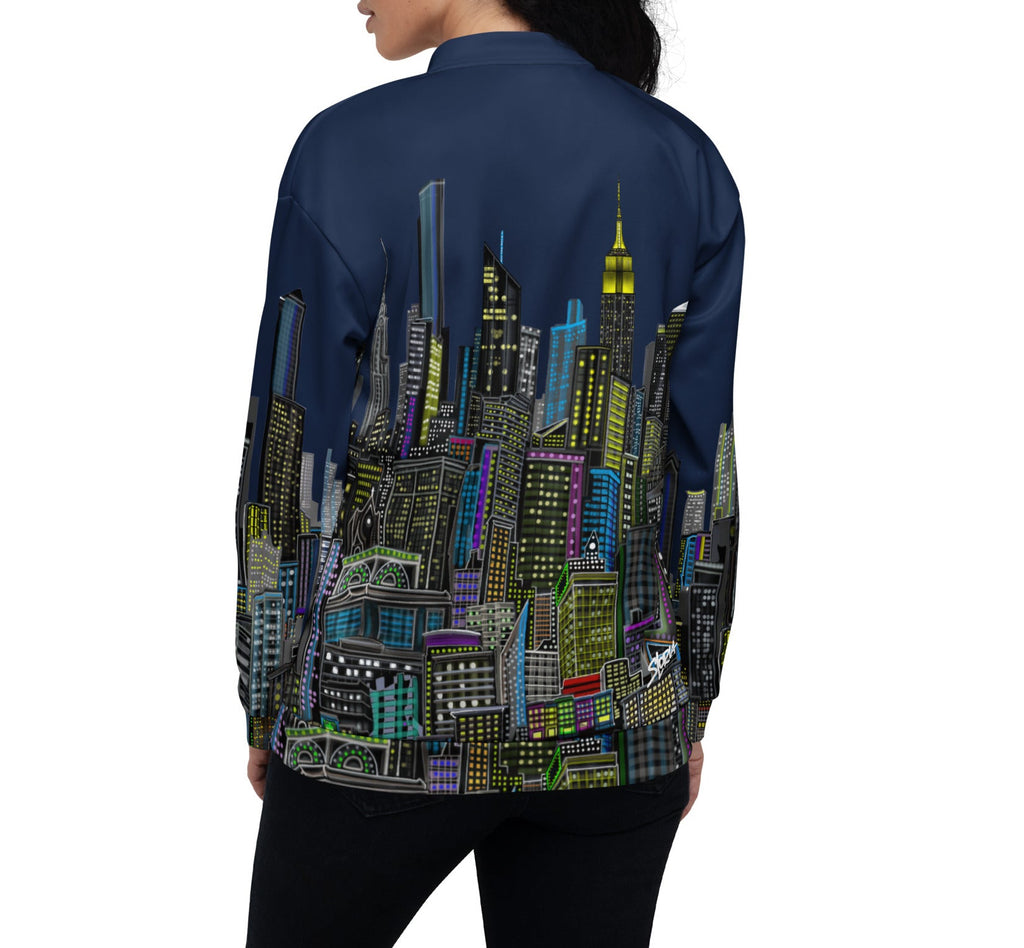 Person wearing Loria NYC Art jacket with a cityscape design on the back