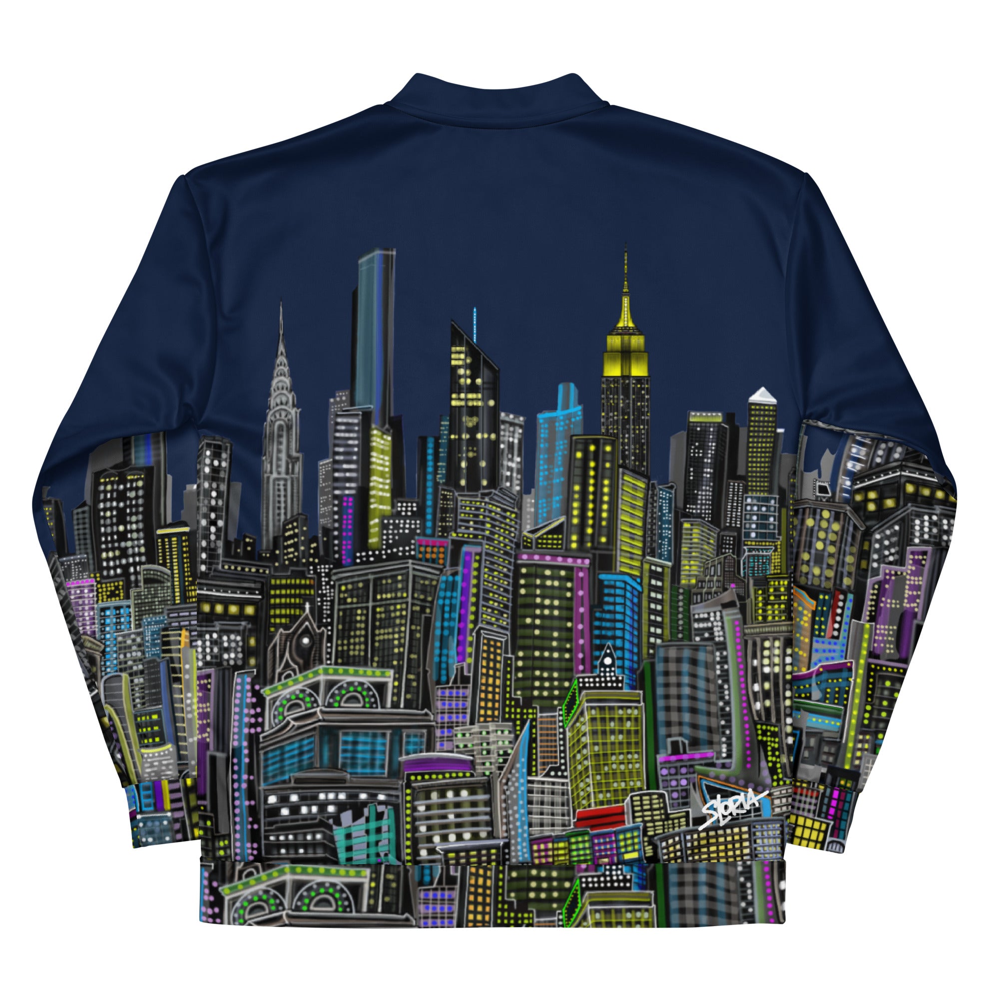 Rear view of Folded sleeves front view of Navy bomber jacket with Loria NYC Art cityscape design on a white background