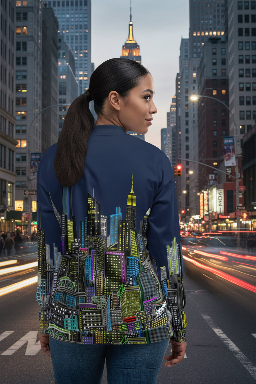 Rear view of Person wearing a long-sleeve Loria NYC Art colorful cityscape designed jacket