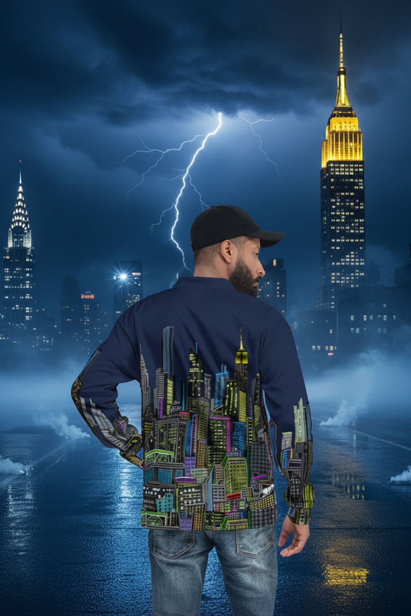 Man wearing a shirt with a colorful cityscape Loria NYC Art design on the back, on a urban night background