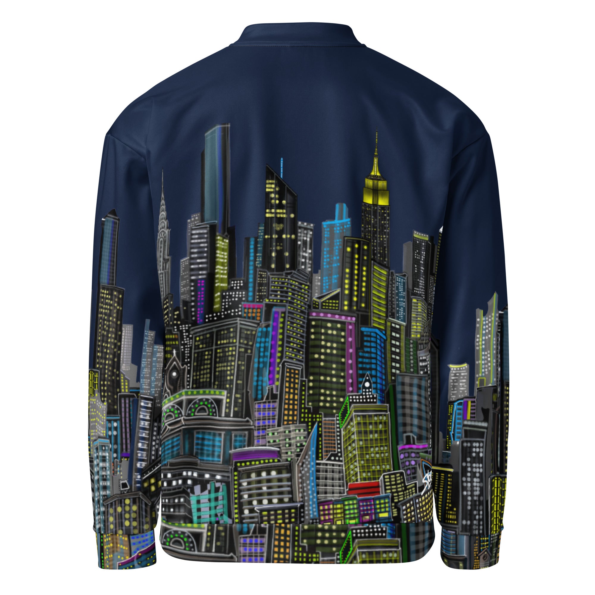 Back view of Navy blue jacket with a colorful cityscape design by Loria NYC Art on the back against a white background