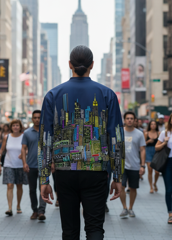 Rearview of male wearing a city scape Loria NYC Art jacket with black clothes and hair slicked back ponytail walking away down a sidewalk with NYC skyline 
