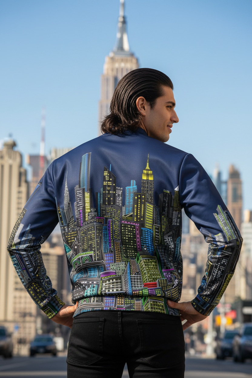 Back view of man posing in a blue colorful Loria NYC Art bomber jacket.