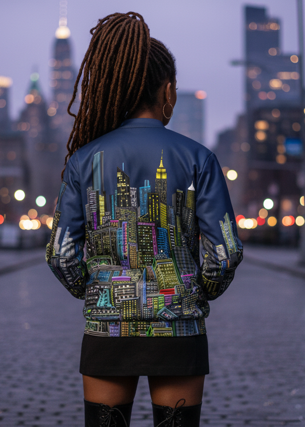 Person wearing a colorful cityscape Loria  NYC Art jacket with a blurred city skyline in the background