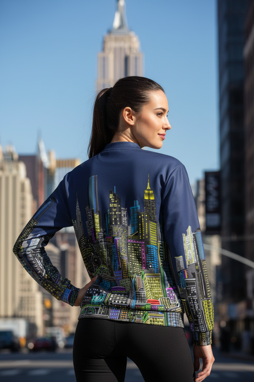  Person posing outside in a blue colorful Loria NYC Art bomber jacket.
