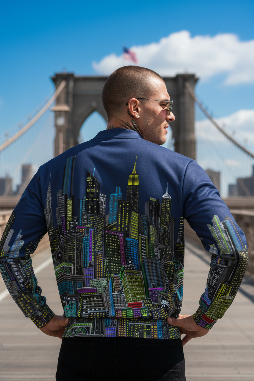 Man wearing a blue colorful Loria NYC Art bomber jacket on the Brooklyn bridge 