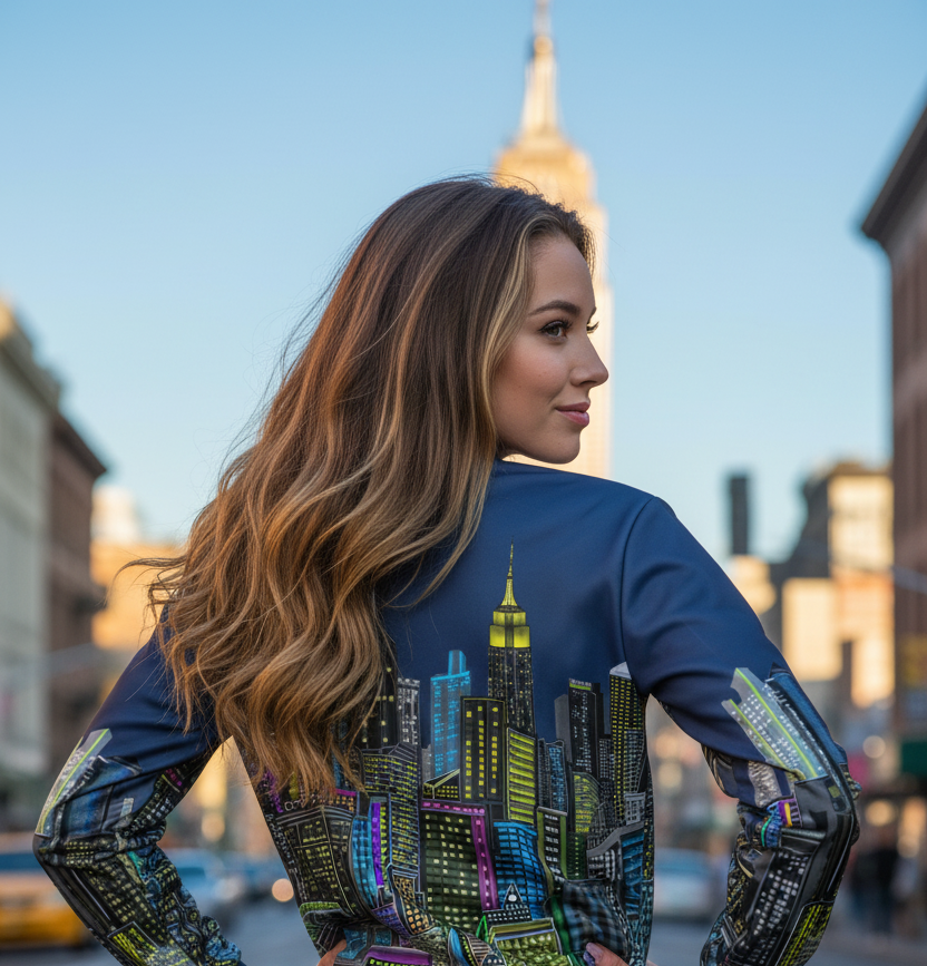 Women wearing a blue colorful Loria NYC Art bomber jacket.