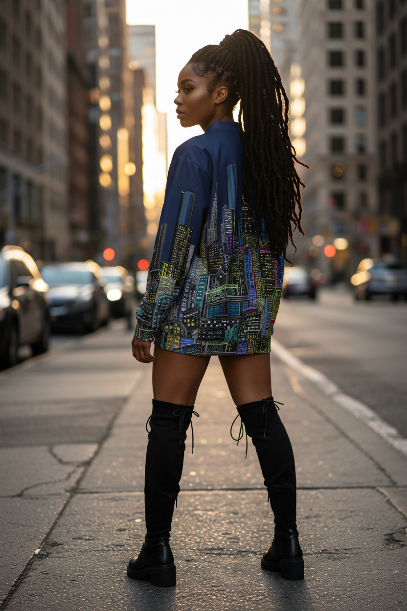 Woman walking on a city street wearing a colorful Loria NYC Art jacket with knee-high boots.